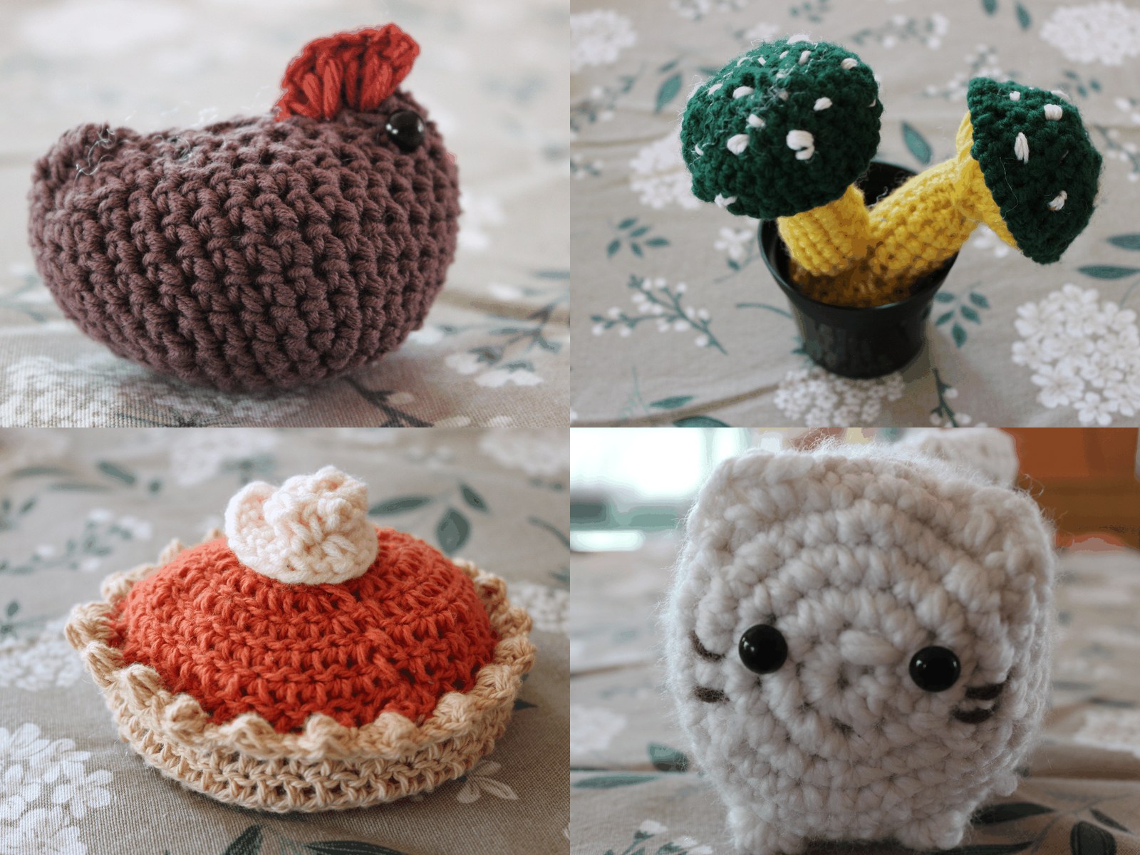 Collage of handmade crochet chickens, mushrooms, pumpkin pie, and cube cat